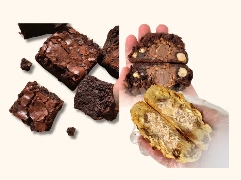 Brownies e cookies recheados da D'Amora lado a lado